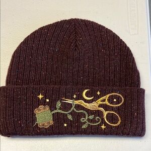 Brown/Knit Beanie with Embroidered Scissors Design